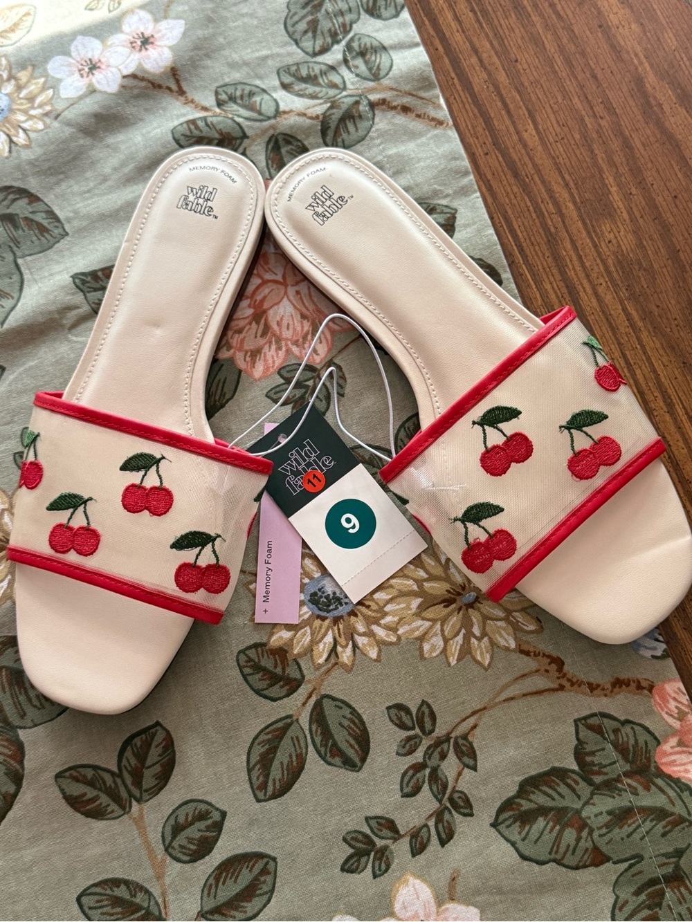 wild fable Cream Slide Mules with Red Cherry Embroidery